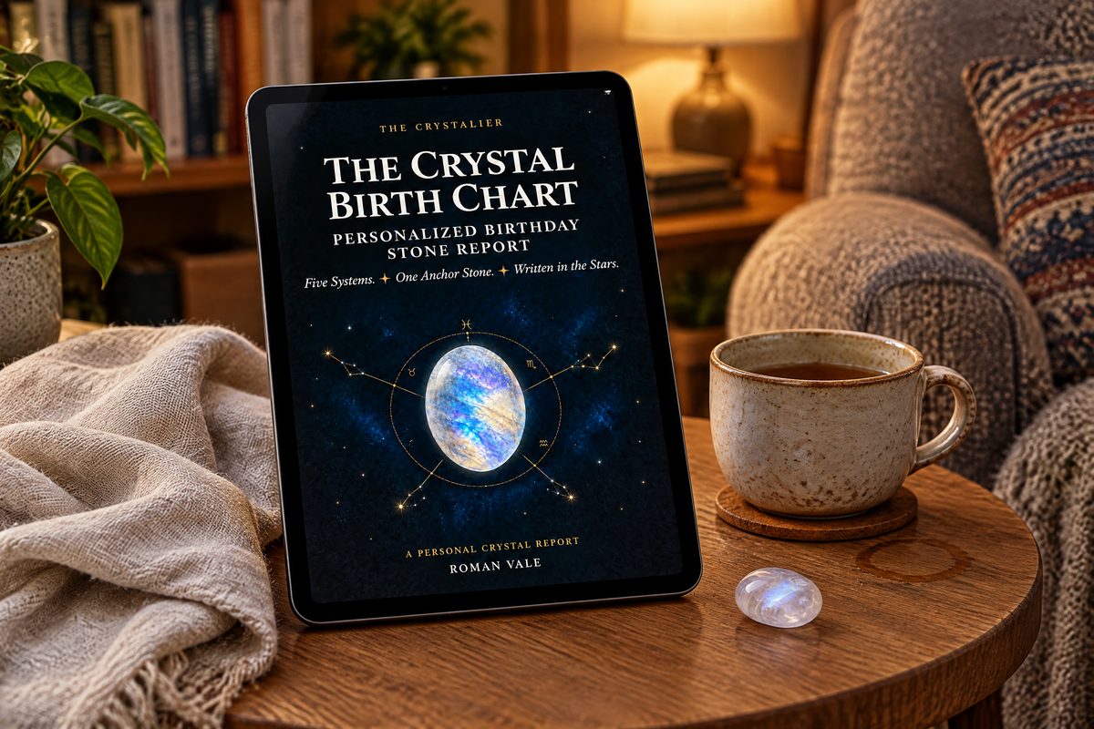 The Crystal Birth Chart open on a tablet beside a cup of tea
